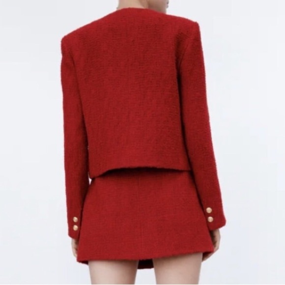 ZARA Double Breasted Blazer Lady Jacket Red Textured Tweed Boucle Size Medium - Picture 16 of 16